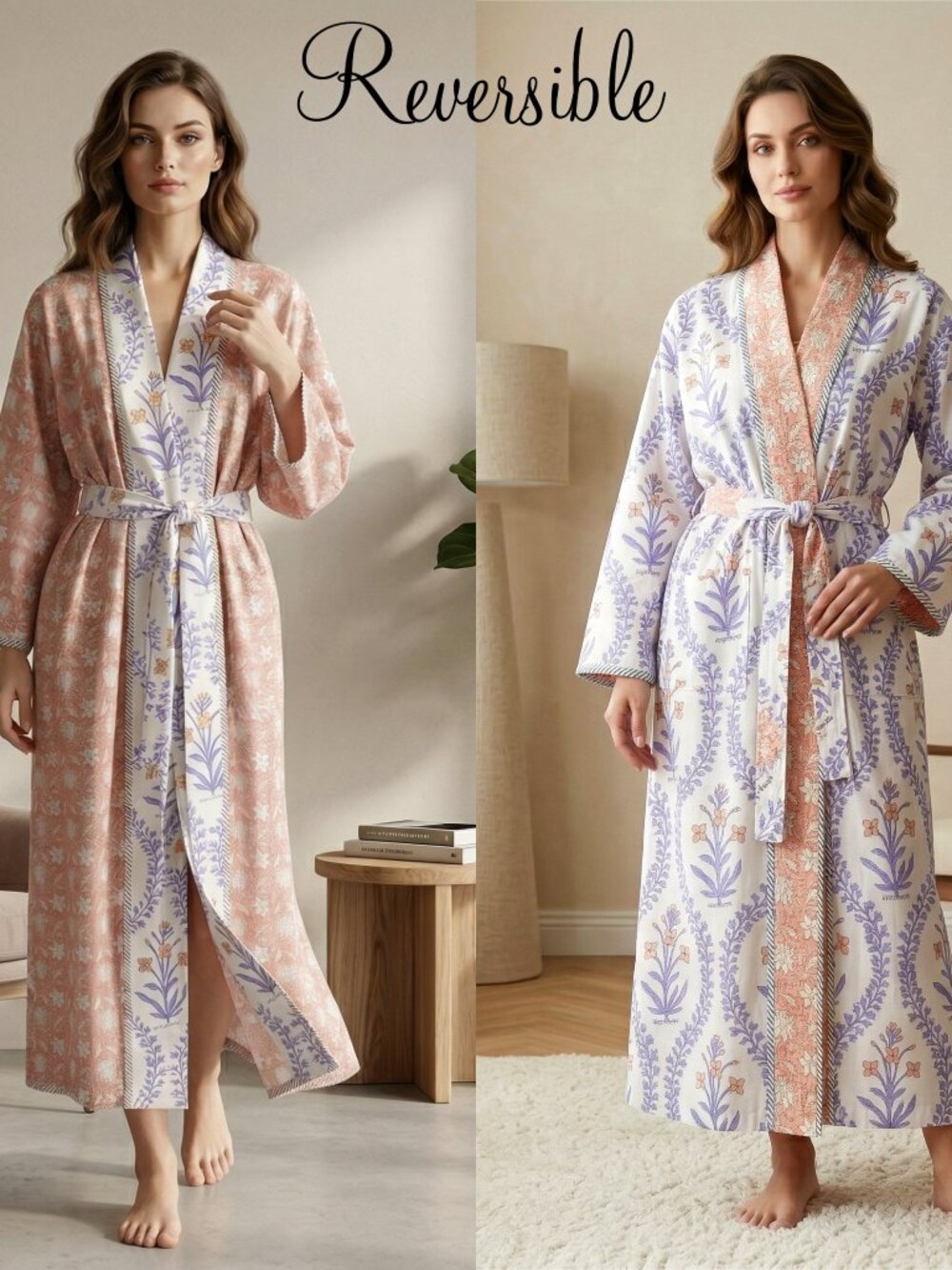 Reversible Cotton Kimono Robe, Hand Block Print Bathrobe, Floral Quilted for Her